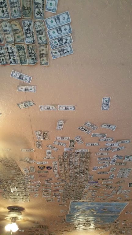 Dollar bills on ceiling, Luna Mesa Cafe, Caineville UT.    (c) Richard Karp